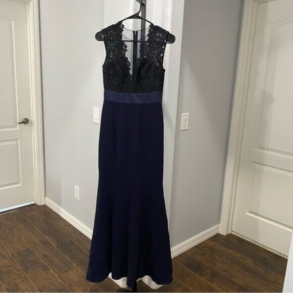 Theia Sheath Gown Maxi Blue Lace Ribbon Waistline Evening Formal Size 2 Wedding - Picture 3 of 9